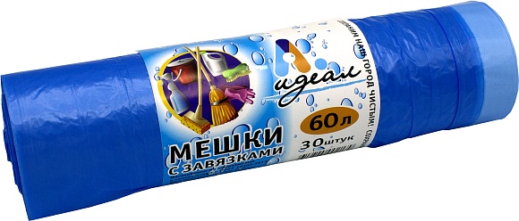 Мешки мусорные 60л 60х70см (12) С завязкой в рулонах (по 30 шт) (Голубые) Артпласт Идеал (х1/30) [упаковка]